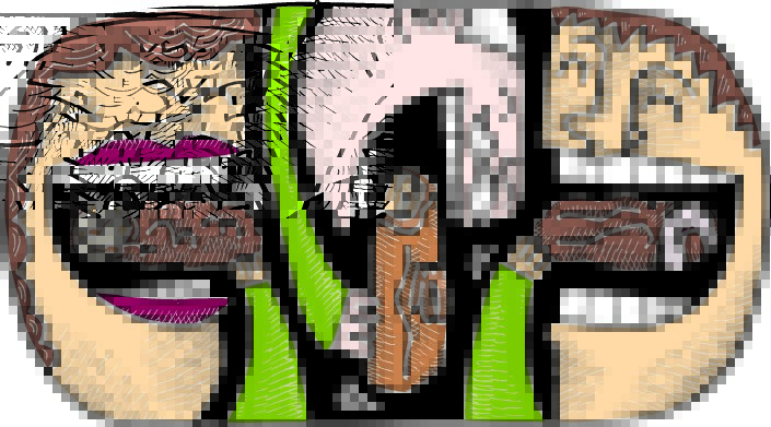 an illustration of three faces putting candy bars in their mouths