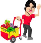 an illustration of Chef Ji Hye Kim pulling a cart behind her filled with produce