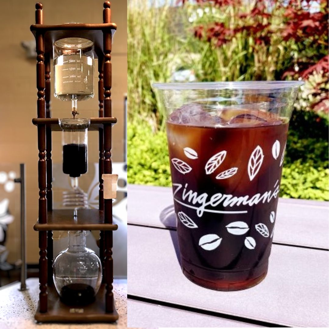 a split image with a cold brew tower on the left, and a finished serving of Kyoto cold brew on the right